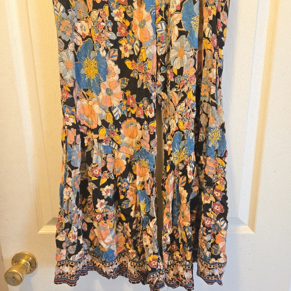 Angie Floral Wide-Leg Beach Flowy Pants Size Large Black Floral Peach Blue Multi - Picture 16 of 16